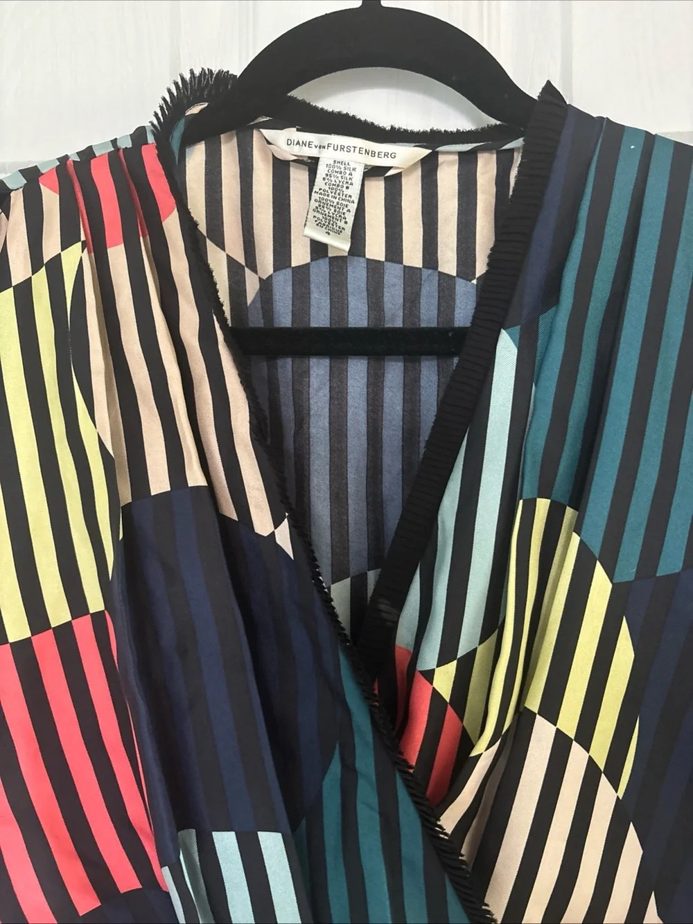 Diane Von Furstenberg DVF Silk Wrap Top Multicolor Striped Geometric Print Sz 4